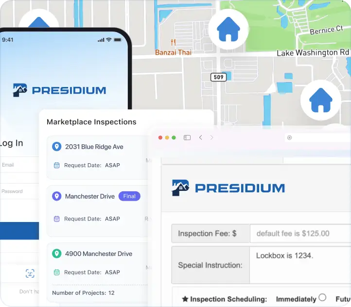 Presidium's on-demand marketplace mobile app interface showcasing real-time draw inspection requests, instant inspector matching, and efficient scheduling features for construction loan inspections