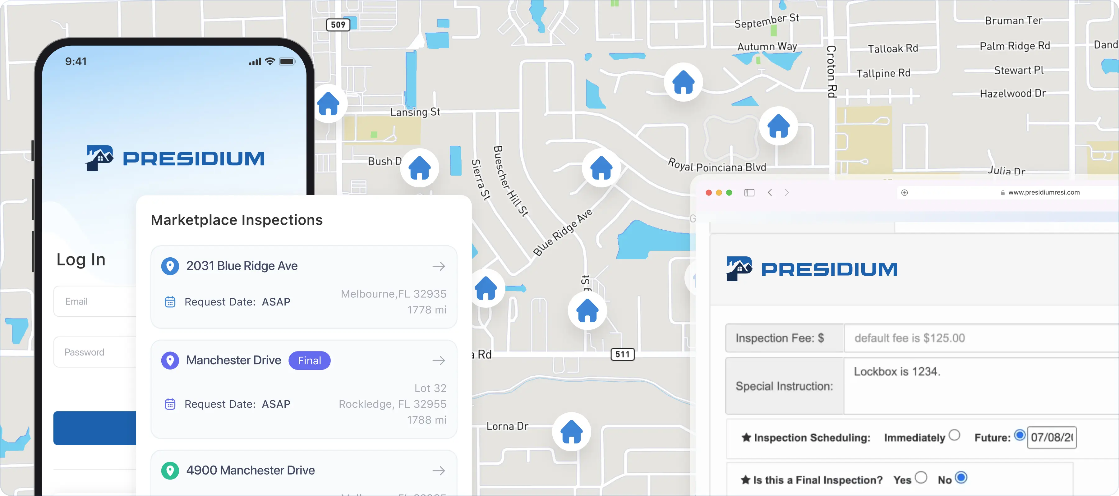 Presidium's on-demand marketplace platform displaying comprehensive draw inspection management tools, real-time inspector matching system, and automated scheduling features for streamlined construction loan inspections and faster turnaround times