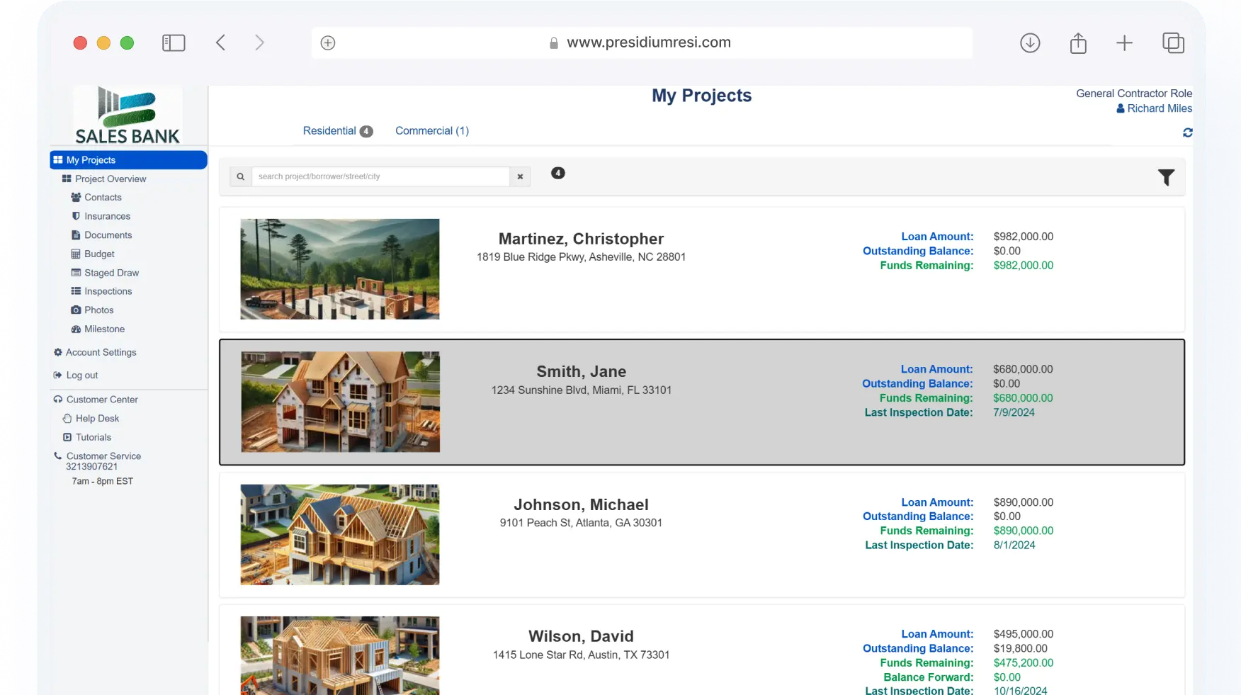 Construction loan vendor management platform showing contractor profiles, communication tools and document sharing interface