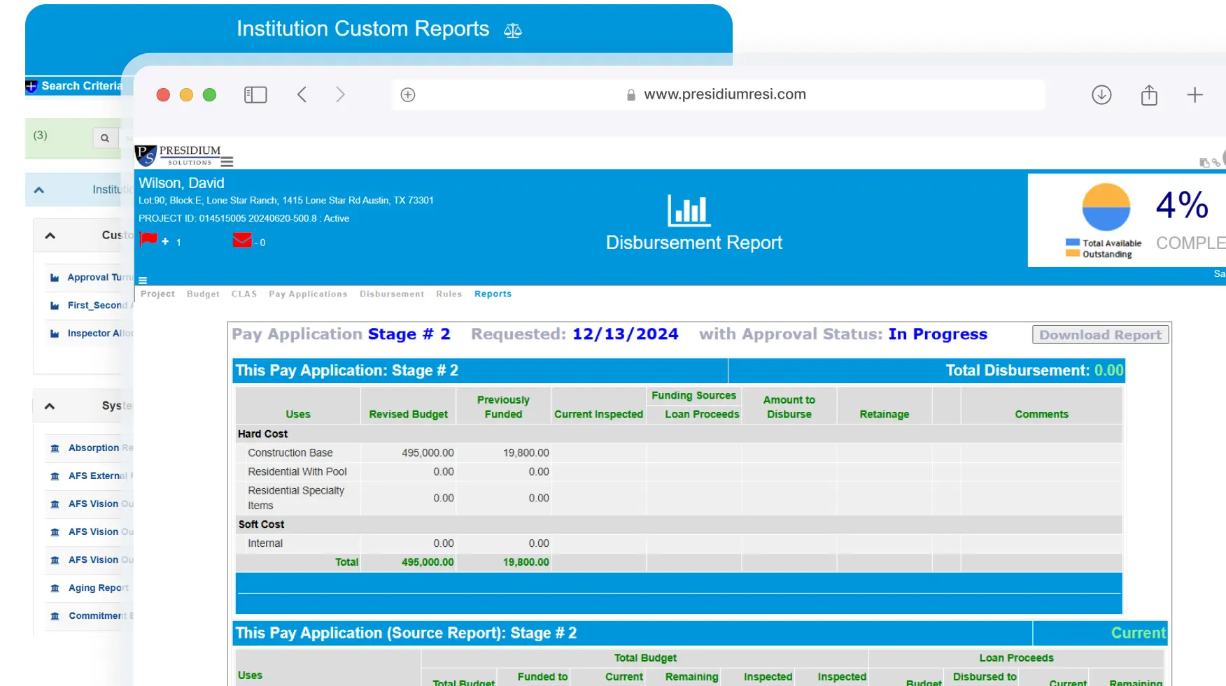 Construction loan portfolio analytics dashboard displaying project metrics, performance trends and customizable reporting tools