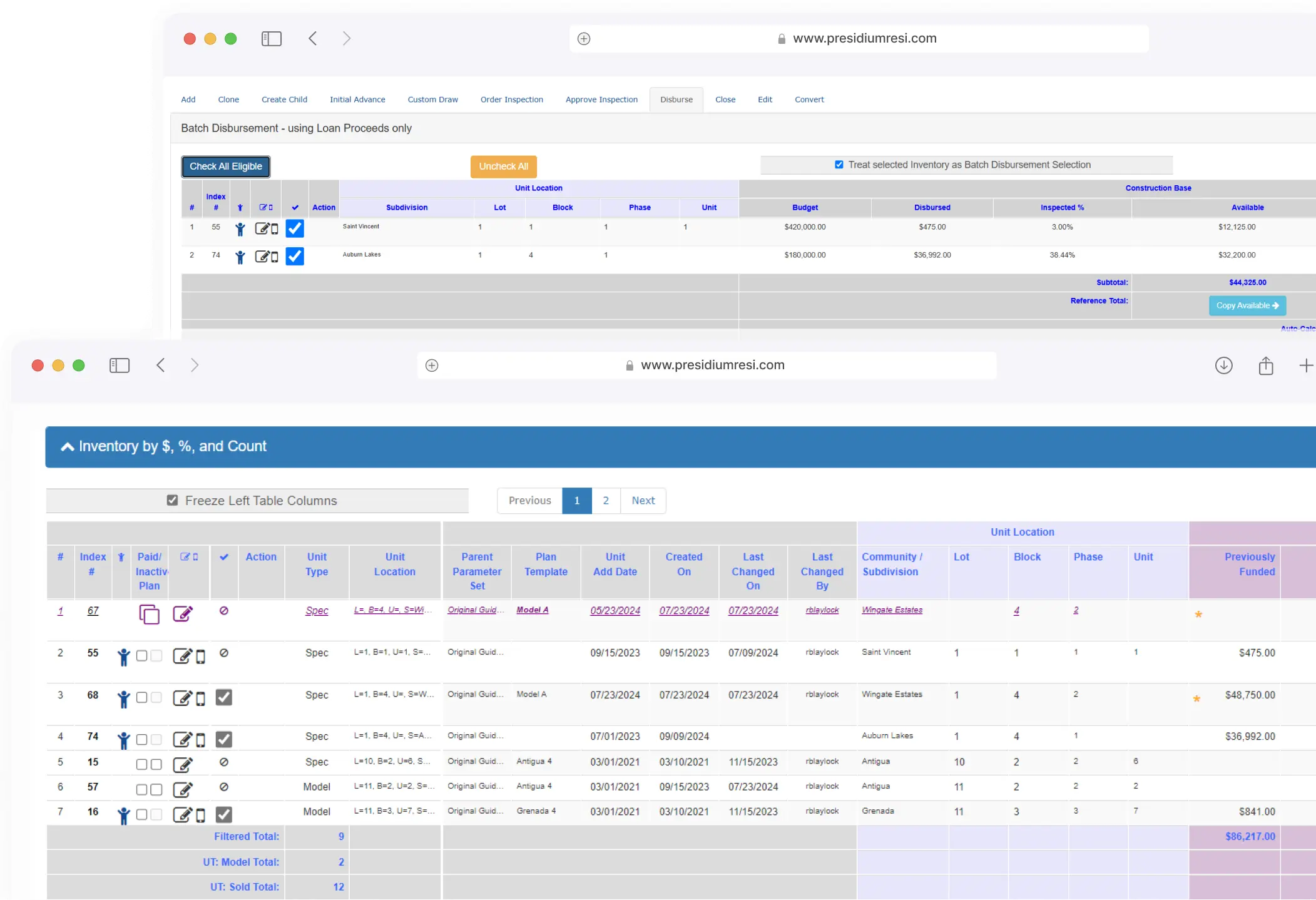 Digital platform for revolving credit lines and home builder financing showing real-time project tracking, automated draw management, and financial analytics dashboard